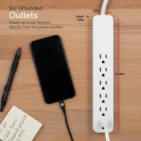 Six Outlet Surge Protector With Two-Foot Extension Cord, 620 Joules Power Strip, Flat Plug, Integrated Circuit Breaker, UL Listed on desk