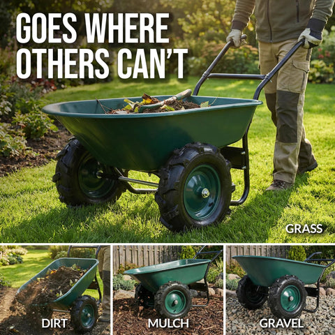 Heavy Duty Dual Wheel Wheelbarrow Garden Cart With 500 Pound Capacity Extra Large Wheels on grass and different terrains
