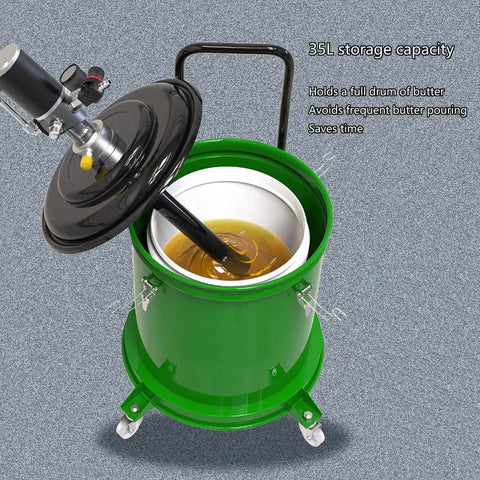 Premium 35 Liter Grease Transfer Pump With 13 Foot Hose And High Pressure Valve For 5 Gallon Drums showing 35L green oil storage tank.