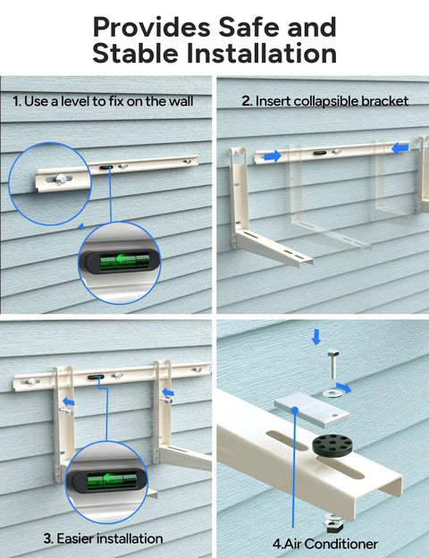 Step-by-step images showing installation of Built Like A Tank Mini Split Wall Mounting Bracket For Ductless Ac And Heat Pump Compressor Holder.
