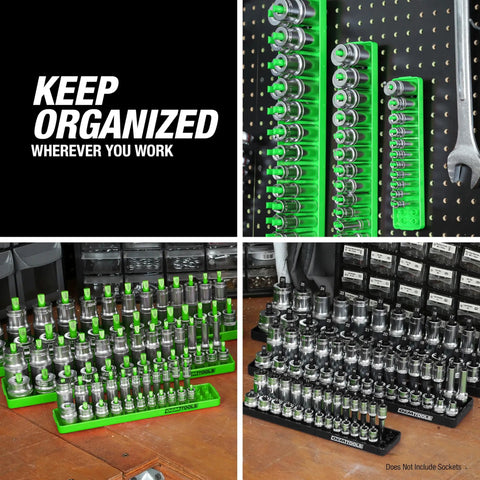 3/8 Inch Metric Socket Organizer with dual rail for deep and shallow sockets, holds 6 mm to 20 mm, labeled posts, toolbox setup.