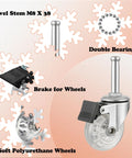 Two Inch Swivel Caster Wheels Set Of Four With M8 38Mm Long Grip Neck Stem And Brake showing wheel components and features