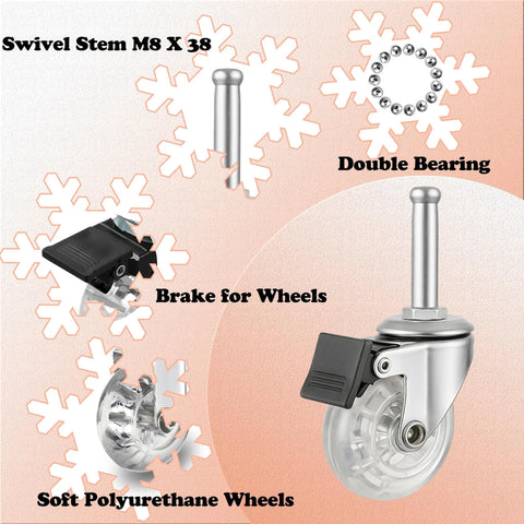 Two Inch Swivel Caster Wheels Set Of Four With M8 38Mm Long Grip Neck Stem And Brake showing wheel components and features