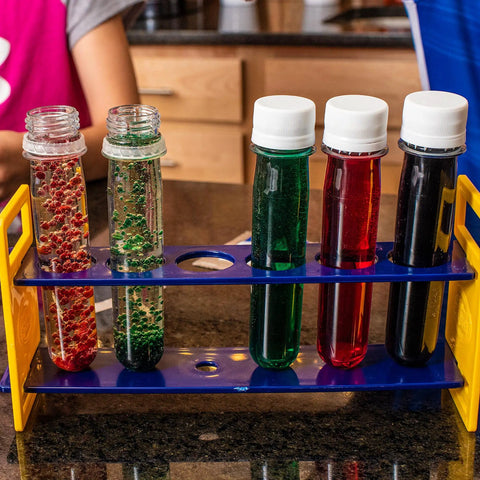Large Plastic Test Tubes and Rack Set With Six Bottles Kid Friendly Science Experiments Durable Clear Lab Kit filled with colorful liquids