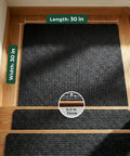 Top view of No Slip Carpet Stair Treads 8 By 30 Inches Pack Of 28 With Reusable Adhesive, shown on wooden stairs.