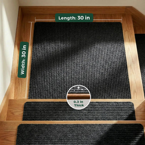 Top view of No Slip Carpet Stair Treads 8 By 30 Inches Pack Of 28 With Reusable Adhesive, shown on wooden stairs.