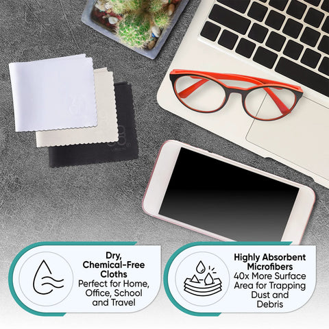 Top-down view of microfiber cleaning cloths 12-pack in white, gray, and black beside a laptop and red glasses.