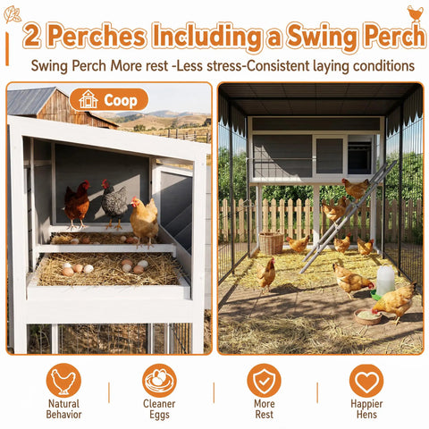 Durable Outdoor Chicken Coop With 90 Inch Run For 6 To 10 Chickens Wooden Nesting Box Waterproof Roof Pull On Tray Ramp And Perch