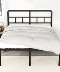 Built Tough 18 Inch Queen Metal Bed Frame With Attached Headboard, Zero Squeak Noise Free Design, Quick Snap Together Assembly, Heavy Duty Black Powder Coated Finish For Roomy Underbed Storage Solutions, showcasing headboard and bed.
