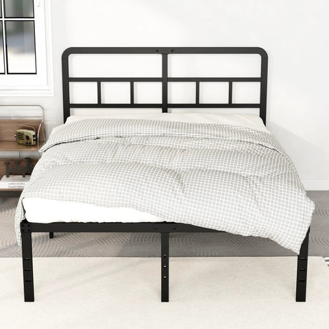 Built Tough 18 Inch Queen Metal Bed Frame With Attached Headboard, Zero Squeak Noise Free Design, Quick Snap Together Assembly, Heavy Duty Black Powder Coated Finish For Roomy Underbed Storage Solutions, showcasing headboard and bed.