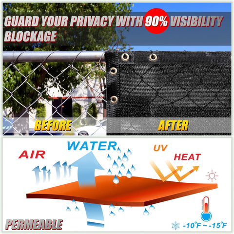 5 Foot By 50 Foot Black Fence Privacy Screen Windscreen Cover Netting Tarp Shade Cloth For Outdoor Use Commercial Grade 170 GSM Virgin HDPE UV Stabilized Cable Ties Included Custom Size Available showing installation