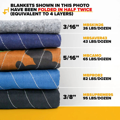 Heavy Duty 12 Pack Large Moving Blankets 80 X 72 Inches Black Polyester Furniture Pads For Movers And Shippers, folded for thickness display.