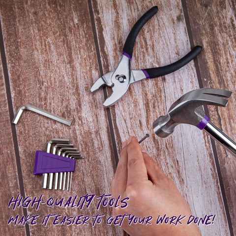 Premium Thirty Nine Piece Household Tool Set With Heat Treated Chrome Hammer Pliers Screwdrivers Tape Measure And Sleek Purple Carry Case Built For Weekend Warriors Doing Quick Home Fixes Real Deal