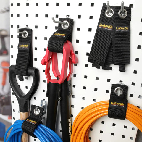 9 Pack Heavy Duty Extension Cord Holder Organizers For Garage Wall Storage 13 Inch Cord Straps securing tools on white pegboard