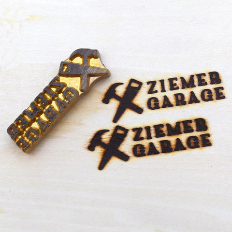 Branding Iron Kit For Wood And Leather Projects, Pro Grade Personalized Copper Heat Stamp showing "Ziemer Garage" marks on wood
