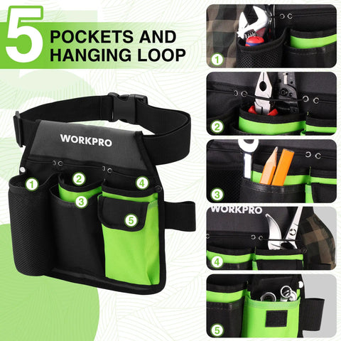 Five-Pocket Garden Tool Belt With Adjustable Go-To Waist Strap For Women, showing multiple pockets with tools.