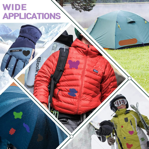 Two Pack Nylon Stick On Repair Patches For Outdoor Gear Waterproof Patch Kit 10x20cm For Down Jackets Tents Sleeping Bags And Other Fabrics Great For Camping Hiking And Travel Gear displayed on various fabrics.