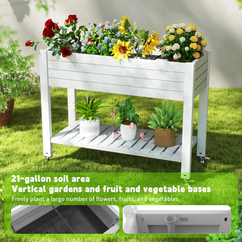Elevated Garden Bed On Four Legs With Four Lockable Wheels And Storage Shelf For Balcony Patio Backyard Divisible Resin Planter Box 33.6 Inch Tall Back Friendly No Bending Needed Ergonomic Design