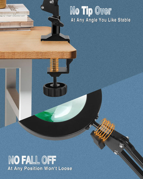 Magnifying Glass Desk Lamp With Three Section Swing Arm And Big Clamp 10X Wide Desk Magnifier Light For Reading Office Crafting And Close Work Built In Bright LED For Clear Details Works Like A Champ clamped to desk