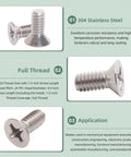 Heavy Duty 304 Stainless Steel Flat Head Machine Screws 100 Pack With Phillips Drive And Full Thread Coverage Half Inch Length angled view showing corrosion resistance.