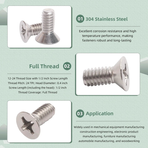 Heavy Duty 304 Stainless Steel Flat Head Machine Screws 100 Pack With Phillips Drive And Full Thread Coverage Half Inch Length angled view showing corrosion resistance.