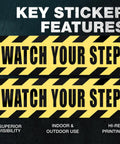 Watch Your Step Adhesive Vinyl Stickers Pack Two Count 10x3 Inch Bright Yellow And Black Hazard Signage For Doors Stairs Thresholds And High Visibility Areas In Homes Offices Warehouses And Public Spaces. two 10x3 in vinyl stickers