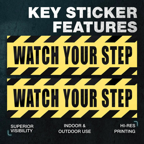 Watch Your Step Adhesive Vinyl Stickers Pack Two Count 10x3 Inch Bright Yellow And Black Hazard Signage For Doors Stairs Thresholds And High Visibility Areas In Homes Offices Warehouses And Public Spaces. two 10x3 in vinyl stickers