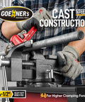 Person using Four And A Half Inch Bench Vise With Heavy Duty Forged Steel Construction Built In Pipe Jaw And Swivel Base for metal pipe clamping