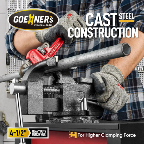 Person using Four And A Half Inch Bench Vise With Heavy Duty Forged Steel Construction Built In Pipe Jaw And Swivel Base for metal pipe clamping
