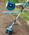Cordless 21V Tiller With 8 Inch Wide Cultivator, 4.0Ah Battery Powered Garden Rototiller with steel tines in use, battery capacity display