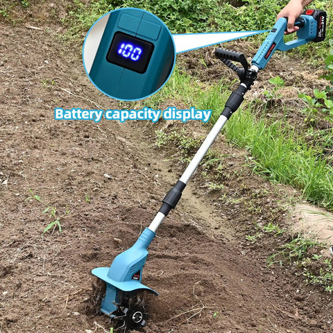 Cordless 21V Tiller With 8 Inch Wide Cultivator, 4.0Ah Battery Powered Garden Rototiller with steel tines in use, battery capacity display
