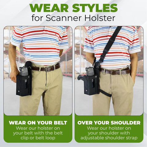 Person wearing large barcode scanner holster made from ballistic nylon for pistol grip mobile computers with belt clip and shoulder strap.