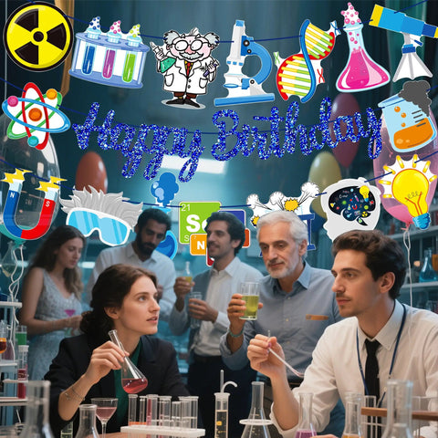 Blue Science Birthday Party Banner Set With Chemistry Lab Elements Garlands Featuring Test Tubes DNA Strands Microscope And Periodic Table Decor For Science Theme Party And Baby Shower That Kids Will Dig displayed in a party setting with guests.
