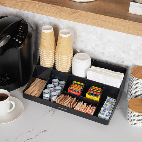 Cup Carousel And Condiment Organizer Set For Countertop Coffee Bar, Space Saving 11 Compartment Two Tier Organizer With 4 Compartment Cup And Lid Holder, Keeps Cups Lids Condiments Handy In Small Kitchens Black on countertop with cups and condiments