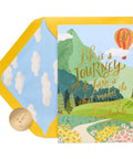 Big 50th Anniversary Pop Up Card With 3D Hot Air Balloon And Gold Foil Accents showing scenic design and gold message