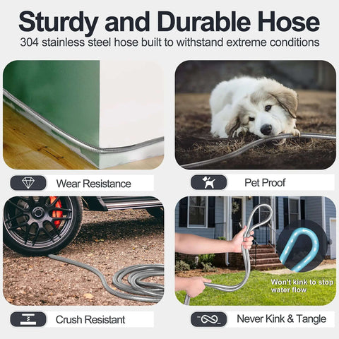 50 Foot Stainless Steel Garden Hose Heavy Duty With Nozzles, 304 Stainless Steel Water Pipe shown as wear, pet, and crush resistant