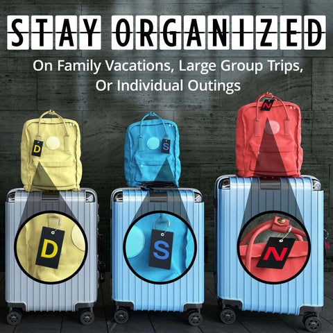 Three suitcases with Initial Luggage Tag With Fully Bendable Design And Stainless Steel Loop, showing initials D, S, and N.