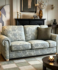 Floral sofa in elegant living room with 2 Inch Unfinished Round Furniture Legs Set Of 4 Natural Solid Wood Bun Feet visible