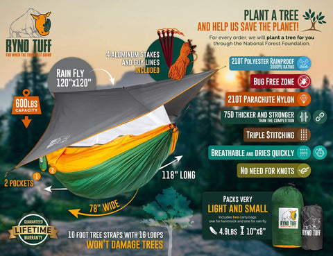 Cozy Two Person Camping Hammock With Bug Net And Rain Fly Lightweight Double Parachute Nylon Holds 600 Lbs, infographic with features.