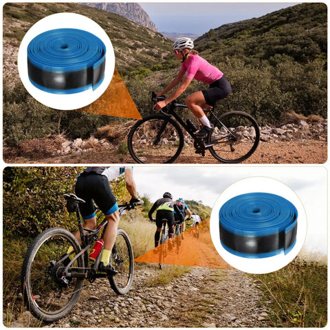 Cyclists biking on trails with 2 Pack TPU Road Bike Tire Liners For 20 To 23c Tires Self Adhesive Puncture Protection For 700c