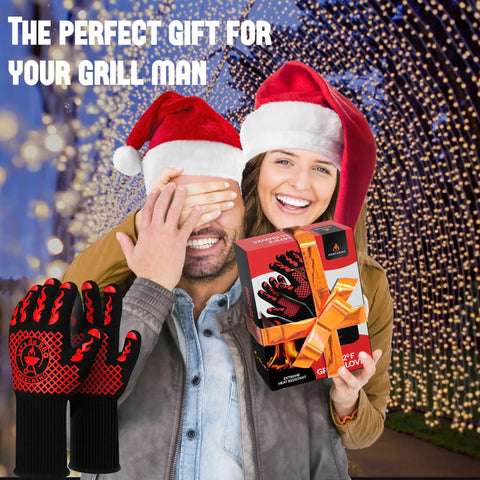 Ultimate BBQ Grill And Oven Gloves Heat Resistant To 1472F with Storage Case and Gift Box in holiday setting