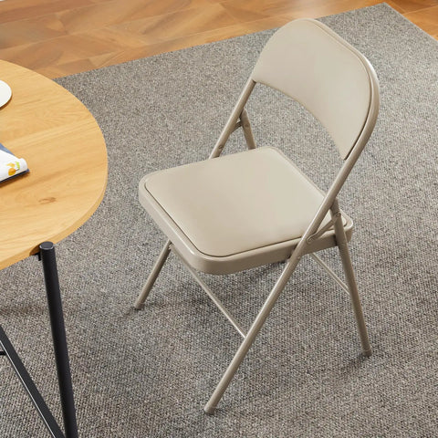 2 Pack Leather Padded Folding Chairs With Steel Frame Indoor Outdoor Portable Stackable Seats For Home Office Parties Comfy Cushioned Back Support Durable Khaki