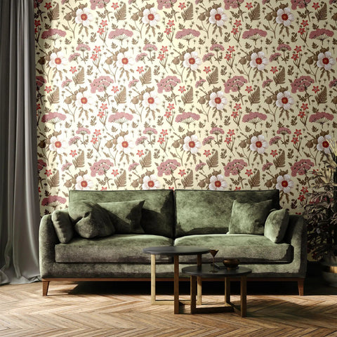 Living room with Peel And Stick Multicolor Peony Daisy Wallpaper Removable Self Adhesive Wall Mural For Living Room Or Accent Wall Durable