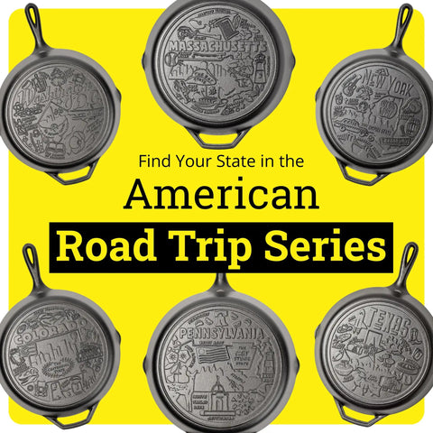 All American Cast Iron Skillet 10.25 Inch Pre Seasoned Frying Pan With Teardrop Handle For Oven Stovetop Grill Campfire Use Made In USA Non Toxic Even Heating 250th Anniversary Logo featuring state designs in American Road Trip Series