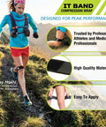 Runner using IT Band Compression Wrap for Knee Support and Recovery in a mountain setting with product material details.