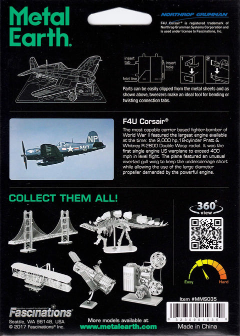 Back packaging of F4U Corsair 3D Metal Model Kit Unassembled No Glue No Solder Needed Easy Clip From Metal Sheets Set