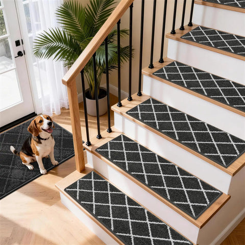 No Slip Peel And Stick Stair Treads For Wooden Steps 9x28 Inches Indoor Runners Dark Grey 15 Pack on wooden stairs