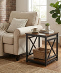 Smooth Industrial Side Table With Built Tough X Frame And Rustic Brown Wood Top offers two tier storage beside beige couch.