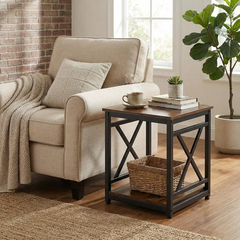 Smooth Industrial Side Table With Built Tough X Frame And Rustic Brown Wood Top offers two tier storage beside beige couch.