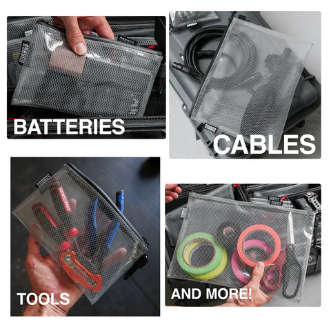 Clear Zipper Pouch Set Four Pack For Cables USB Adapters And Small Tech Gear Grab And Go Travel Organizers with tools and accessories